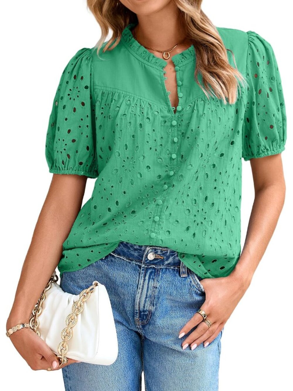 Womens Summer Tops Blouse 2026 Casual Eyelet Embroidered Short Puff Sleeve Lace